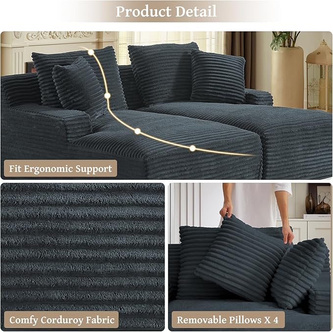 80" Double Chaise Lounge Chair Indoor, Oversized Boneless Couch Comfy Upholstered Sleeper Sofa Bed with 4 Pillows, Corduroy Cloud Loveseat Chair for Living Room No Assembly Required, Dark Grey