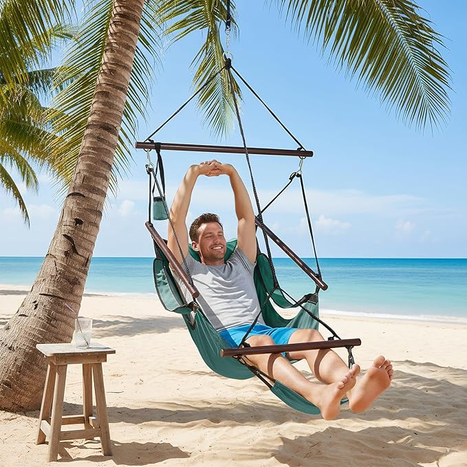 ONCLOUD Upgraded Unique Hammock Sky Chair, Air Deluxe Hanging Swing Seat with Rope Through The Bars Safer Relax with Drink Holder & Fuller Pillow Beech Wood Indoor Outdoor Patio Yard 250LBS (Green)