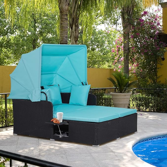 Moccha Outdoor Daybed with Retractable Canopy, Wicker Cabana with 2 Side Tables & Soft Cushions ,Hand-Woven PE Rattan Bed Lounger, Patio Sectional Furniture Set for Garden Backyard Porch (Turquoise)