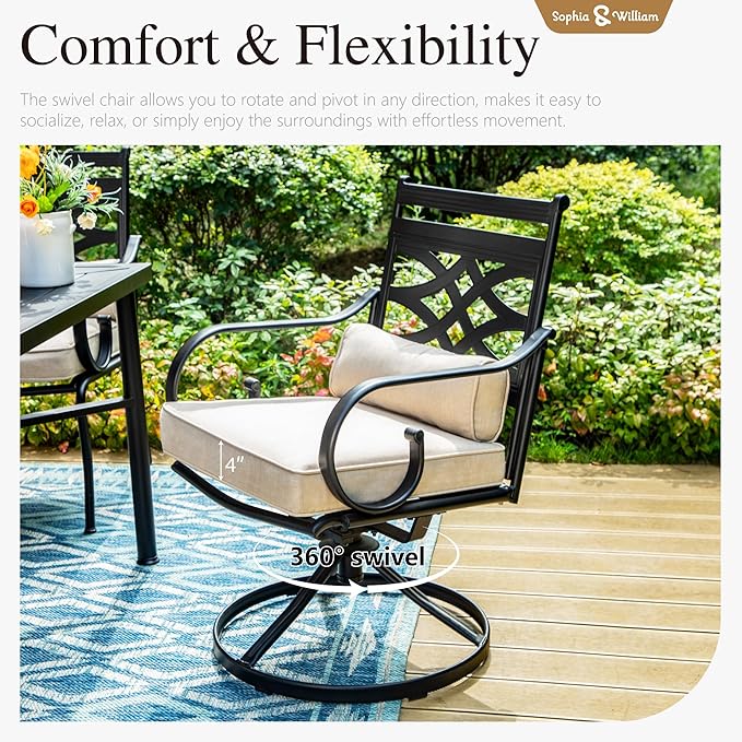Sophia and William Swivel Patio Dining Set for 4, Outdoor Table and Chairs, Removable Seat Cushions, Black 37" Patio Dining Table