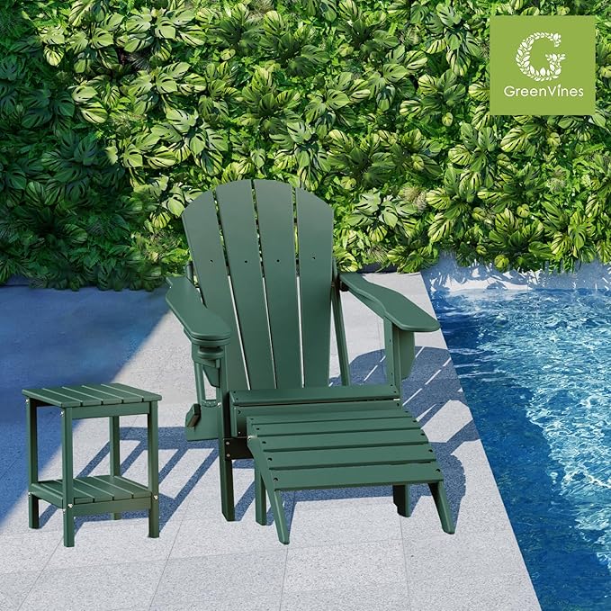 GREENVINES Adirondack-Outdoor-Side-Table | 14 x 13 Inches | HDPE Plastic | All Weather | Forest Green | Outside End Tables | Storage Shelf | for Patio Porch Backyard Indoor