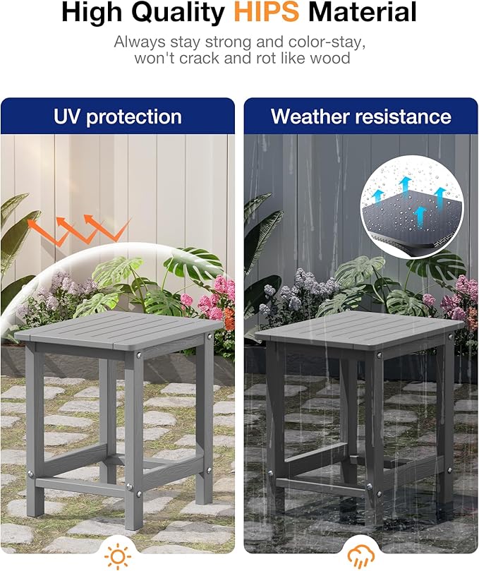 YEFU Outdoor Side Table for Patio: 16" HIPS Weather - Resistant Adirondack Tables - Waterproof Small Square End Tables for Backyard Pool Porch Balcony - Indoor Outdoor Durable Table Grey