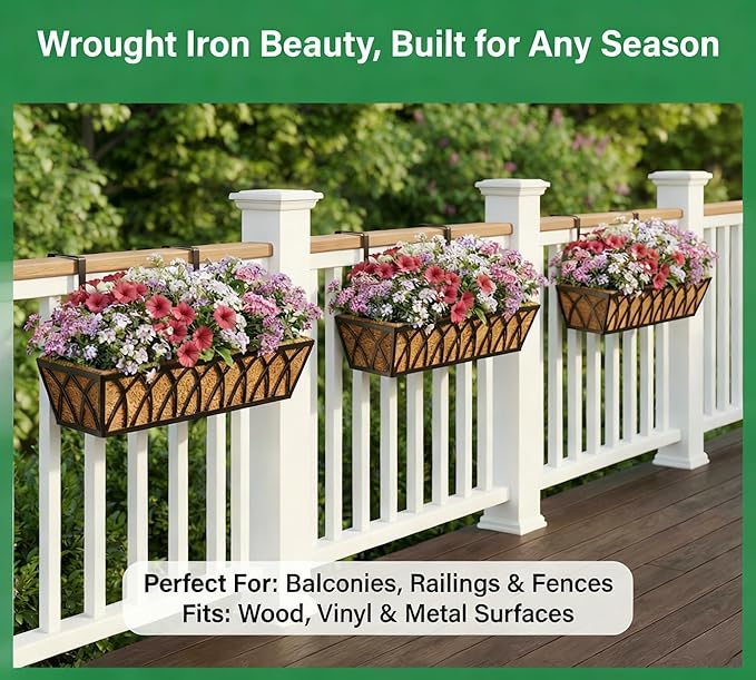 Y&M 30 Inch Window Deck with Coco Liner, Fence Metal Hanging Flower Planter Window Basket Deck Railing Planter Boxes for Outdoor Garden Lawn,6pcs