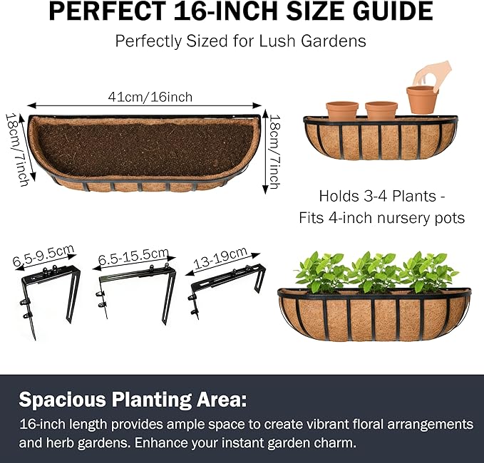 16“ Window Box Railing Planter with Coco Liner Metal Wall-Mounted Coconut Liner Basket English Horse Trough Planter for Outdoor Deck Balcony Porch Fence Patio Black (4 Pack)