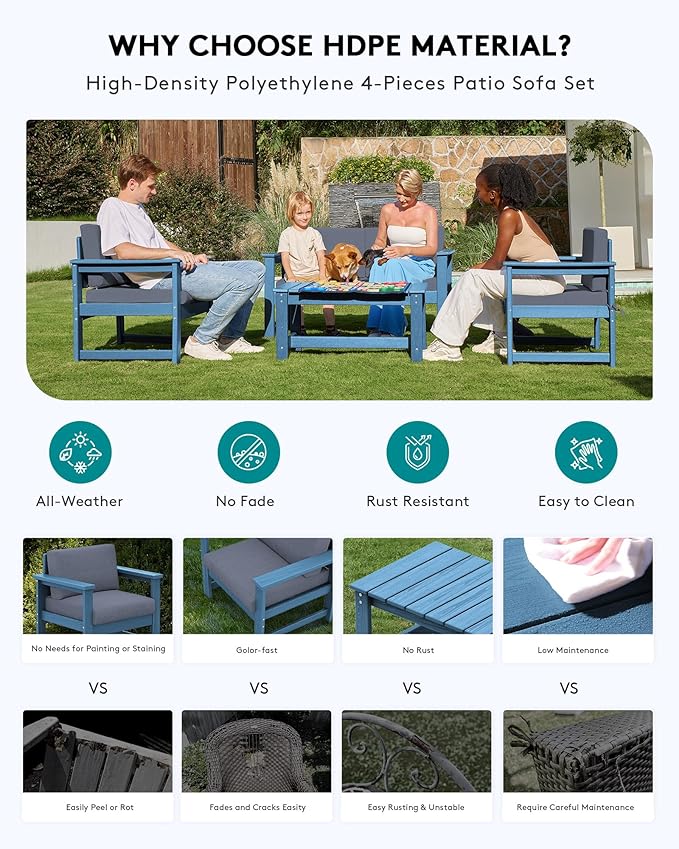 SERWALL 8 Pieces HDPE Outdoor Conversation Sofa Set with Cushion, All Weather Couch Loveseat Furniture Set with Pads, Outdoor Social Sofa Coffee Table Set, Blue Frame with Grey Cushions