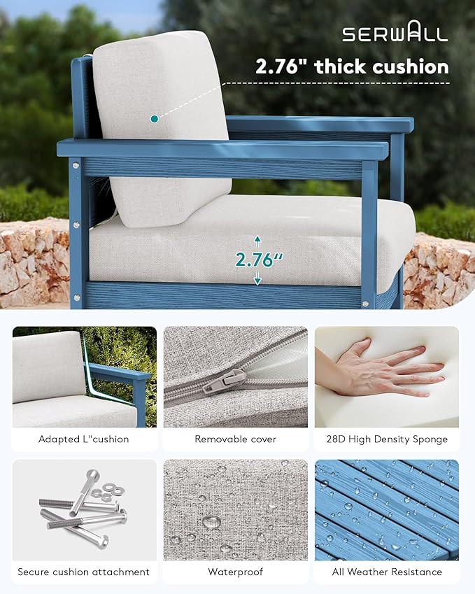 SERWALL 4 Pieces HDPE Outdoor Sofa Set with Cushions, All Weather Use Conversation Couch Set, Outdoor Loveseat Furniture with Coffee Table for Patio, Blue Frame with Khaki Cushions