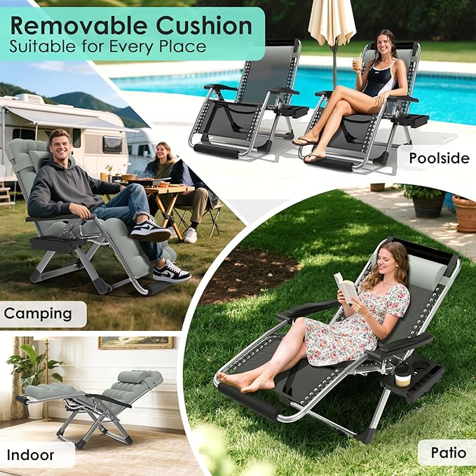 Suteck Oversized Zero Gravity Chair,33In XXL Lounge Chair w/Removable Cushion&Headrest, Reclining Camping Chair w/Upgraded Lock and Footrest, Reclining Patio Chairs Recliner for Indoor Outdoor,500LBS