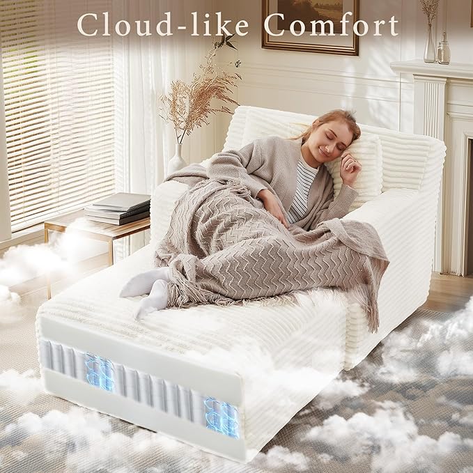 65.4" Chaise Lounge Chair Indoor, Oversized Boneless Couch Comfy Upholstered Sleeper Sofa Bed with 3 Pillows, Corduroy Cloud Reading Chair for Living Room No Assembly Required, White Beige