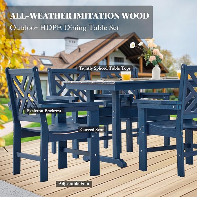 HDPE Outdoor Dining Set,10-Piece Outdoor Table and Chairs Include 8 Dining Chairs and 2 Pcs 62.5" Patio Dining Table with Umbrella Hole (Blue)