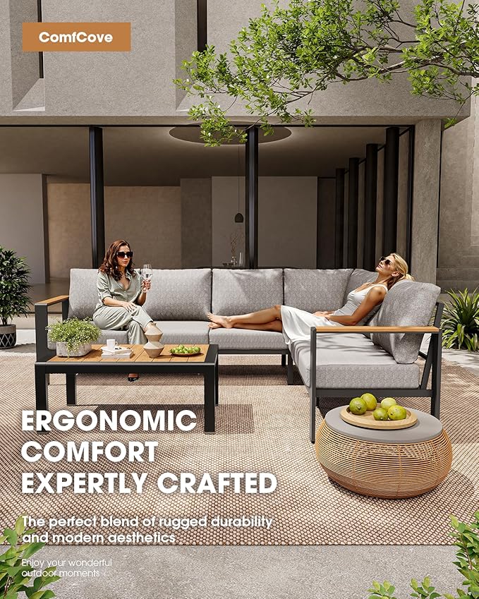 Outdoor Aluminum Patio Furniture Set 11 Seats, Patio Sectional Corner Couch Set with Washable Thick Cushions & Coffee Table, Patio Conversation Sets for Porch, Backyard, Garden, Deck, Gray