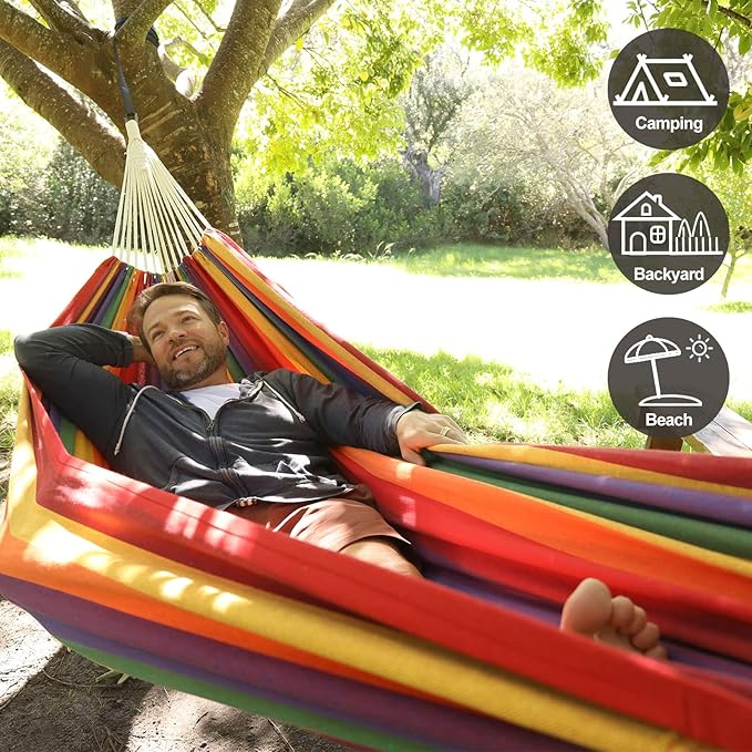 Brazilian Double Hammock with Tree Straps,Extra Large 94x63IN,2 Persons Hammock for Backyard Patio Outdoor and Indoor,450lbs Weight Capacity,Soft Woven Cotton Fabric - Tropical