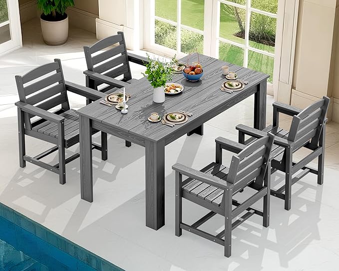 SERWALL Patio Dining Set for 4, Outdoor Dining Sets for 4 Person with 1 Umbrella Hole Cut-Out Rectangular Table and 4 Chairs, HDPE Dining Sets for Garden, Backyard, Poolside, Gray