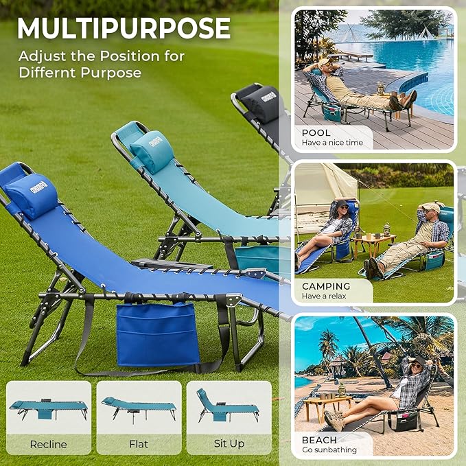 FUNDANGO Chaise Lounge Chair Outdoor, 5-Position Folding Tanning Chair with Detachable Side Table & Pillow, 180° Lay Flat Portable Beach, Heavy Duty U-Frame for Patio, Pool, Lawn, 265lbs (Cyan)