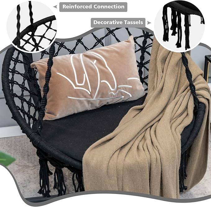 Giantex Hammock Chair Macrame Swing - Hanging Chair with Cushion and Hardware Kit, 330 LBS Weight Capacity, Indoor Swing for Hammock Stand, Patio, Balcony, Living Room Hammock Swing (Black)