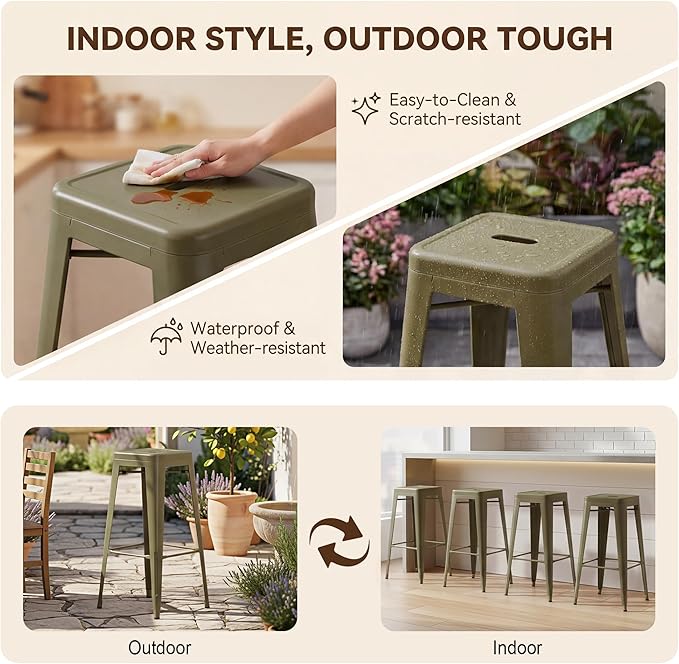Shahoo 30 Inches Metal Bar Stools Counter Height Stackable Backless Stools, Industrial Patio Stools Indoor Outdoor Metal Kitchen Stools Set of 4 (Gun, 30'')