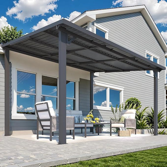 AECOJOY 12' x 10' Outdoor Hardtop Pergola Gazebo for Patio, Large 10x12 Galvanized Steel Heavy Duty Lean to Gazebo, Wall-Mounted Pergolas and Gazebos Clearance, Metal Patio Roof Awnings for Backyard
