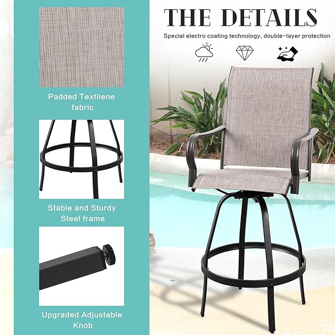 Vongrasig 4 Piece Patio Swivel Bar Chairs, All Weather Metal Textile High Swivel Bar Stools Chairs, Outdoor High Top Bistro Set for Backyard, Lawn Garden, Balcony, Taupe