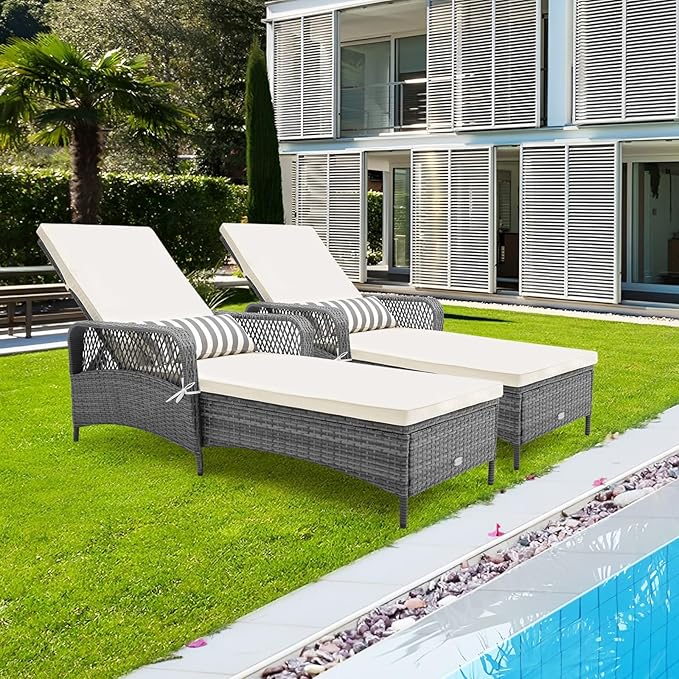 Tangkula Wicker Chaise Lounge Outdoor, Patio Rattan Reclining Chaise with 6-Gear Adjustable Backrest, Thick Padded Cushion & Removable Lumbar Pillow, Pool Lounge Chairs for Outside Balcony Backyard