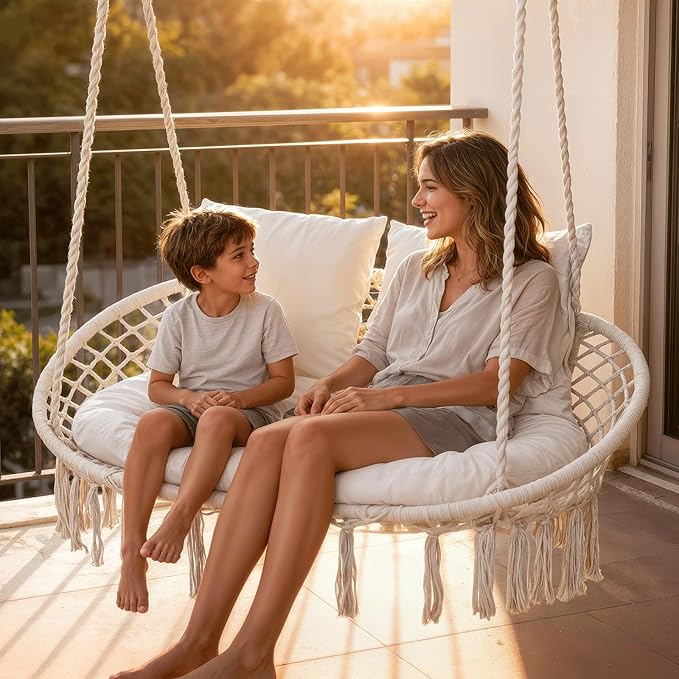 Magshion Double Hammock Swing Chair with 3 Cushions, 700 lbs Capacity, Macrame Hanging Bench for Indoor & Outdoor Use, Cotton Woven Mesh Porch Hanging Rope Swing, Beige