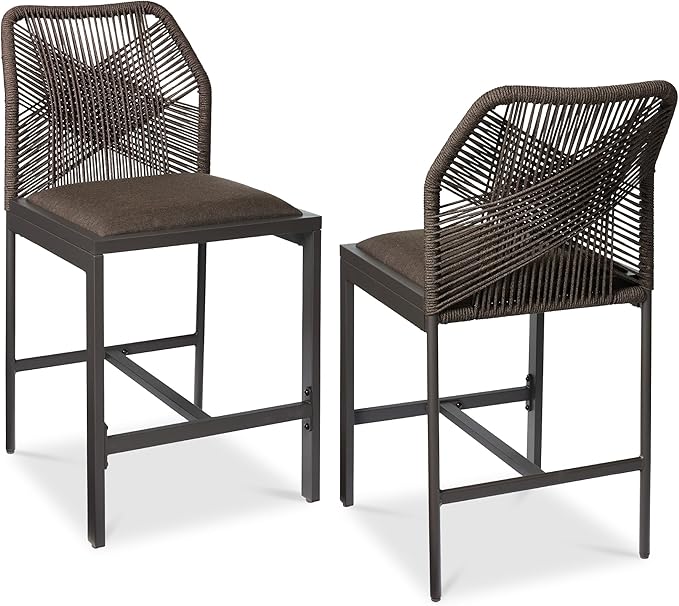 Best Choice Products Indoor Outdoor Counter Height Bar Stools Set of 2, Armless Kitchen Counter Stools w/Back and Footrest, Built-in Cushion, Aluminum Frame - Brown/Mocha