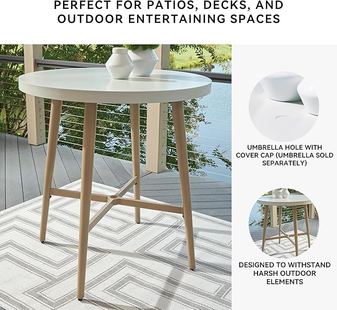 Signature Design by Ashley Seton Creek Casual Outdoor Bar Table with Umbrella Hole, Beige & White