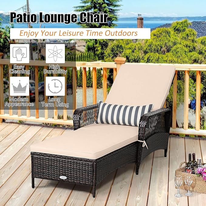 Tangkula Wicker Chaise Lounge Outdoor, Patio Rattan Reclining Chaise with 6-Gear Adjustable Backrest, Thick Padded Cushion & Removable Lumbar Pillow, Pool Lounge Chairs for Outside Balcony Backyard