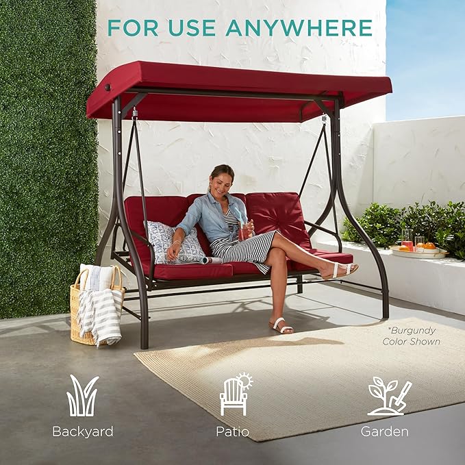 Best Choice Products 3-Seat Outdoor Large Converting Canopy Swing Glider, Patio Hammock Lounge Chair for Porch, Backyard w/Flatbed, Adjustable Shade, Removable Cushions - Tan