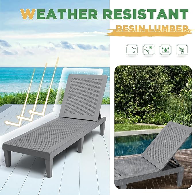 Greesum Outdoor Chaise Lounge Chairs Set of 2 with 5-Position Adjustable Backrest, Waterproof PP Sun Chaise Loungers for Garden Pool Beach Patio Deck Sunbathing, Grey