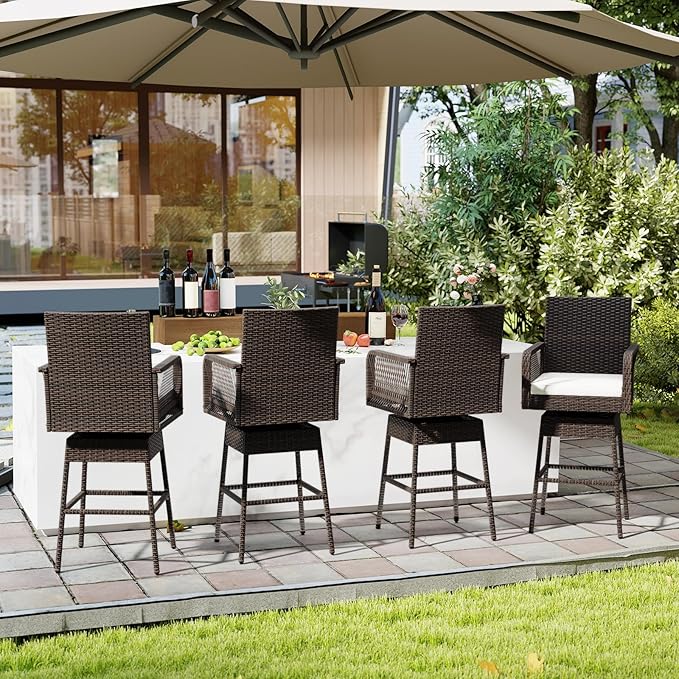 ORALNER Outdoor Wicker Swivel Bar Stools Set of 4, 29" Bar Height Patio Rattan Dining Chair with Armrests, Footrest & Seat Cushion, Metal Frame, for Backyard, Porch, Poolside, Deck (4, White)