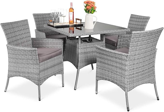 Best Choice Products 5-Piece Indoor Outdoor Wicker Dining Set Furniture for Patio, Backyard w/Square Glass Tabletop, Umbrella Cutout, 4 Chairs - Gray