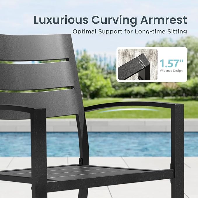 PHI VILLA 7 Pieces Outdoor Patio Dining Set for 6, 65”Rectangular Wood-Like Brown Metal Steel Table with Umbrella Hole & Stackable Wrought Iron Chairs, Outside Furniture Set for Deck, Porch, Backyard