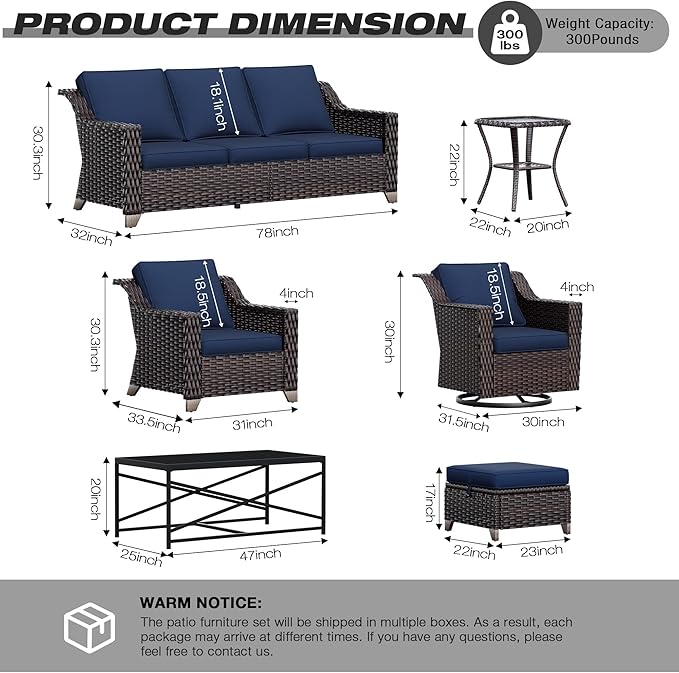 Joyside Wicker Patio Furniture Sets, 8 Pieces Upgraded Large Size Outdoor Furniture with Swivel Rocking Patio Chairs, Patio Dining Chair, 3-Seat Sofa, Outdoor Ottoman, Thick Cushions, Wide Armrest