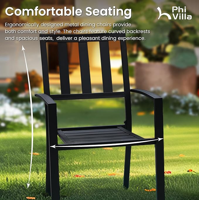 PHI VILLA 5 Pieces Outdoor Dining Set for 4, 37" Square Metal Table with Polywood Top & Stackable Wrought Iron Chairs, Outside Furniture Set for Patio, Deck, Backyard, Porch