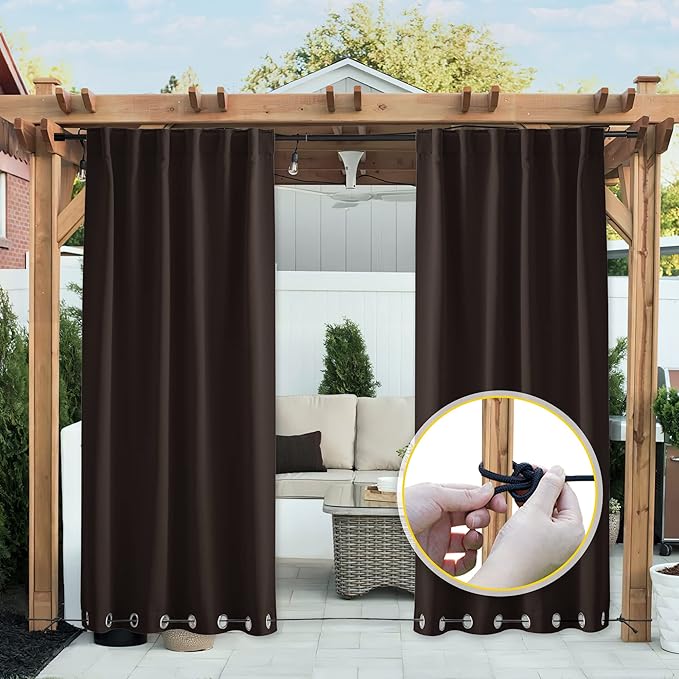 NICETOWN 2 Panels Weighted Blackout Curtains Patio Waterproof Outdoor Curtains, Thermal Insulated Top & Bottom Grommet & Back Tab Wind-Break Drapes Privacy for Pergola, W52 by L95, Coffee