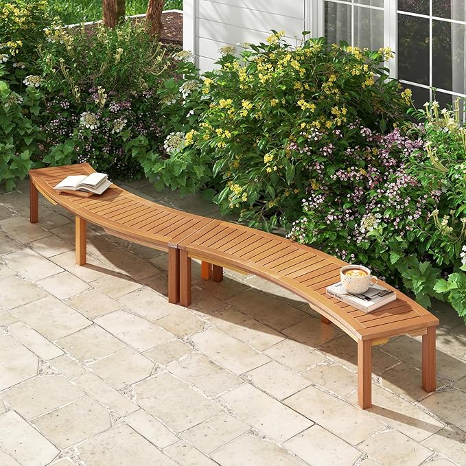 Tangkula Outdoor Curved Bench, Acacia Wood Fire Pit Bench w/Slatted Seat, Patio Backless 2-Person Seating for Porch, Yard, Garden, 800 LBS Max Load, Oil Painted (4, 58")