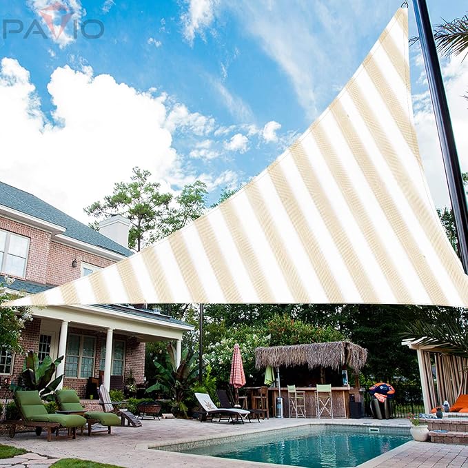 Patio Paradise 12' x 12' x 12' Sun Shade Sail Triangle Canopy Shade Cloth Fabric Sunlight Block Patio Pergola Cover HDPE Deck Awning for Outdoor Backyard Roof Shading, Beige White Strip