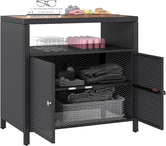 Outsunny Wicker Outdoor Storage Cabinet, Rattan Outdoor Bar Table with Acacia Wood Countertop, 2 Doors and Shelf, Buffet Cabinet Sideboard for Poolside, Garden, Patio, Backyard, Black