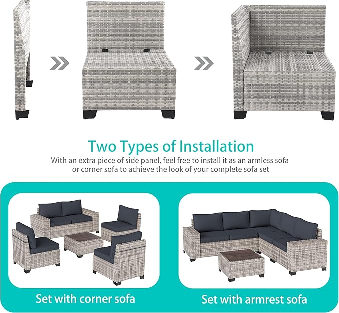 12-Piece Outdoor Patio Furniture Set Wicker Sectional Sofa Set, Patio Conversation Set with Thickened Cushions & Coffee Table for Garden, Backyard, Poolside, Dark Grey
