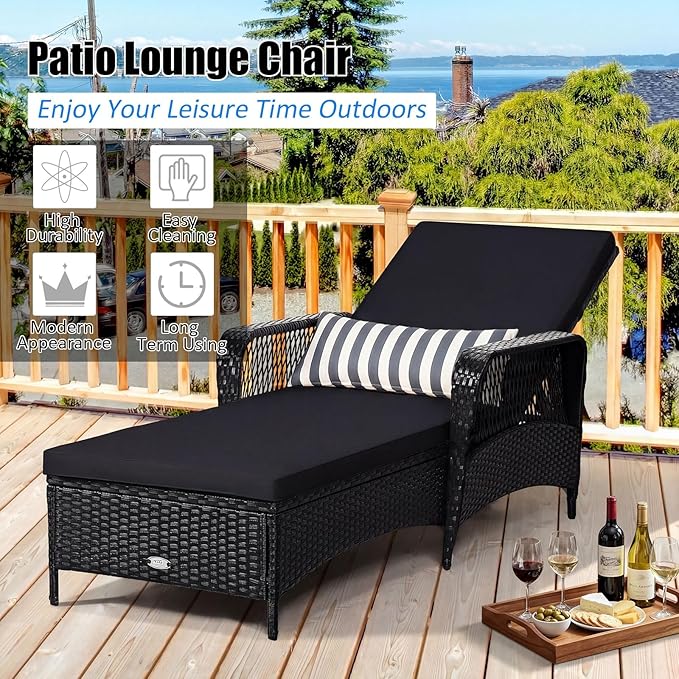 Tangkula Wicker Chaise Lounge Outdoor, Patio Rattan Reclining Chaise with 6-Gear Adjustable Backrest, Thick Padded Cushion & Removable Lumbar Pillow, Pool Lounge Chairs (1, Black + Black)
