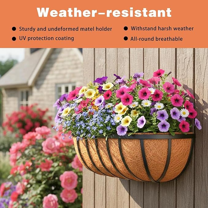 2 Pack 16" Railing Planter Window Box with Coco Fiber Liner Horse Trough Planter The Railing Planter Boxes for Deck Porch Fence Outdoor