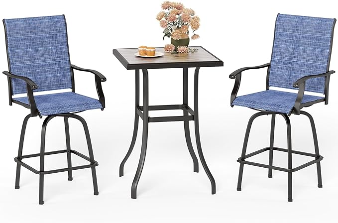 MFSTUDIO 3 Piece Outdoor Swivel Bar Set, Outdoor Bar Table and Chairs Set, Patio High Top Table and Chairs, Tall Bistro Set Patio Bar Height Table with 2 Chairs, Navy Blue