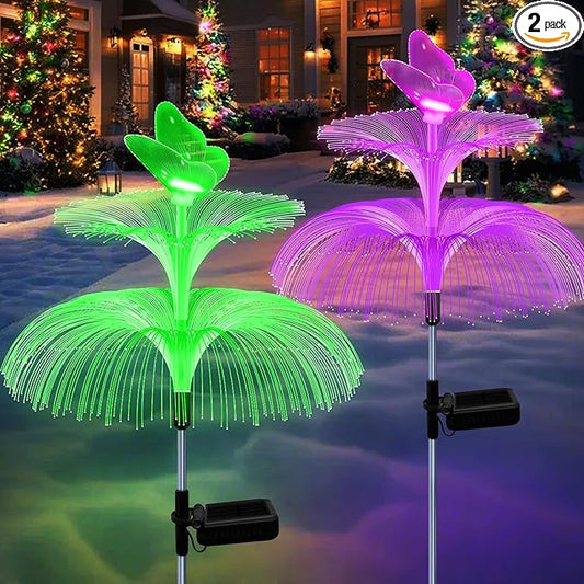 Solar Garden Lights, Gardening Birthday Gifts for Mom Grandma Women, Waterproof 7 Color Changing Jellyfish Light with Butterfly, 2 Pack Solar Flower Lights for Outdoor Pathway Yard Garden Decor