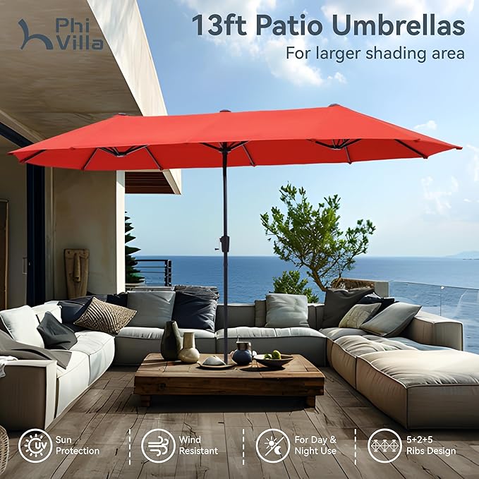 PHI VILLA 8 Piece Patio Dining Set with 13ft Patio Umbrella (Orange Red), 6 Outdoor Padded Swivel Dining Chairs & 1 Large Metal Dining Table with 1.9" Umbrella Hole, for Lawn Garden Backyard