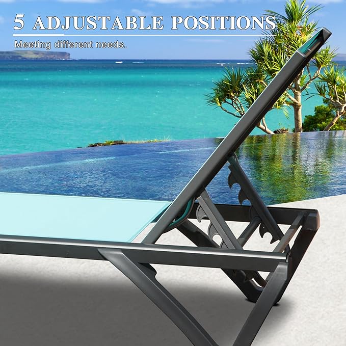 Domi Pool Lounge Chairs Set of 2, Aluminum Adjustable Outdoor Chaise Lounge with Wheels, All Weather Poolside Chairs for Deck Lawn Patio Backyard, Textilene - Turquoise Blue
