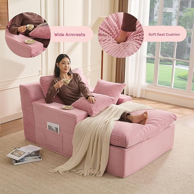 63" Chaise Lounge Chair Indoor, Set of Convertible Sleeper Sofa Couch with Throw Pillows & Side Pockets, Corduroy Upholstered Oversized Sofa Bed with Armrests for Living Room Bedroom, Pink