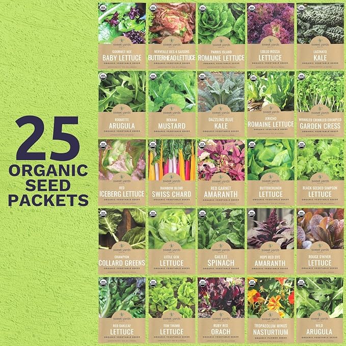 Organic Lettuce & Greens Seed Variety Pack - 25 Individual Packs - 2026 Season - Lacinato Kale, Roquette Arugula, Red Oakleaf Lettuce and More! for Indoor & Outdoor Planting