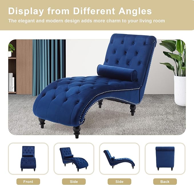 Chaise Lounge Indoor,Velvet Upholstered Lounge Chair Button-Tufted Armless Chair with Pillow, for Bedroom Living Room Office Modern Backrest Leisure Recliner Sleep Sofa,Blue