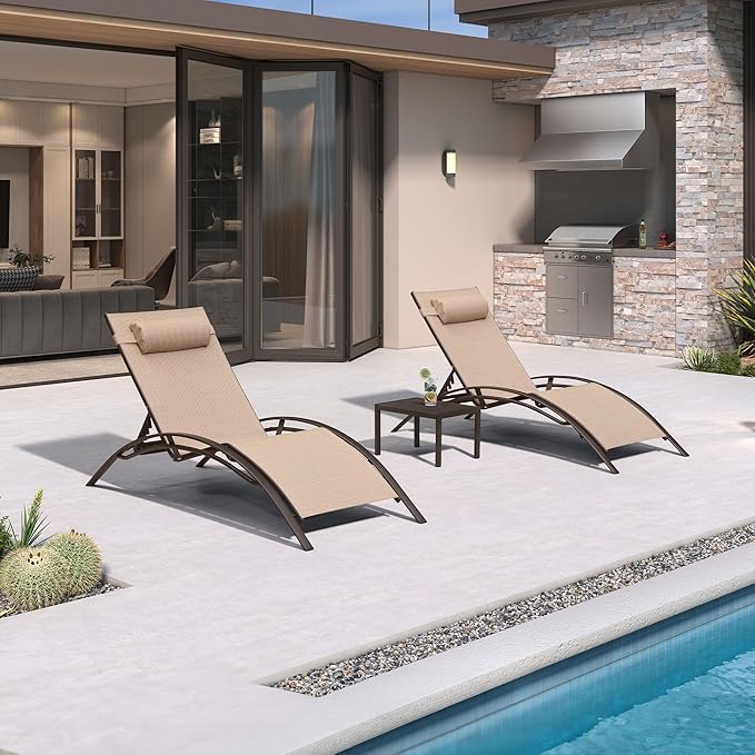 PURPLE LEAF Outdoor Oversized Chaise Lounge Chair Set of 3 Patio Pool Lounger Bronze Aluminum Chairs with Side Table Adjustable Tanning Recliner for Outside Backyard Yard Deck Beach Pebble Gray
