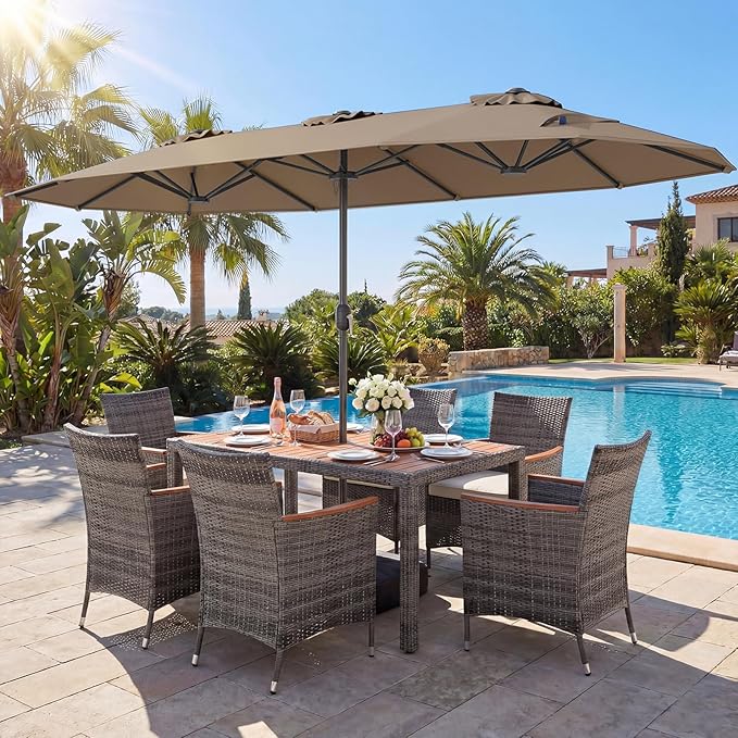 Tangkula 9 Piece Rattan Outdoor Dining Set with 13Ft Umbrella for 6, Outdoor Wicker Table Set with 6 Cushioned Armchairs, Acacia Wood Top, Outdoor Umbrella & with Base Included