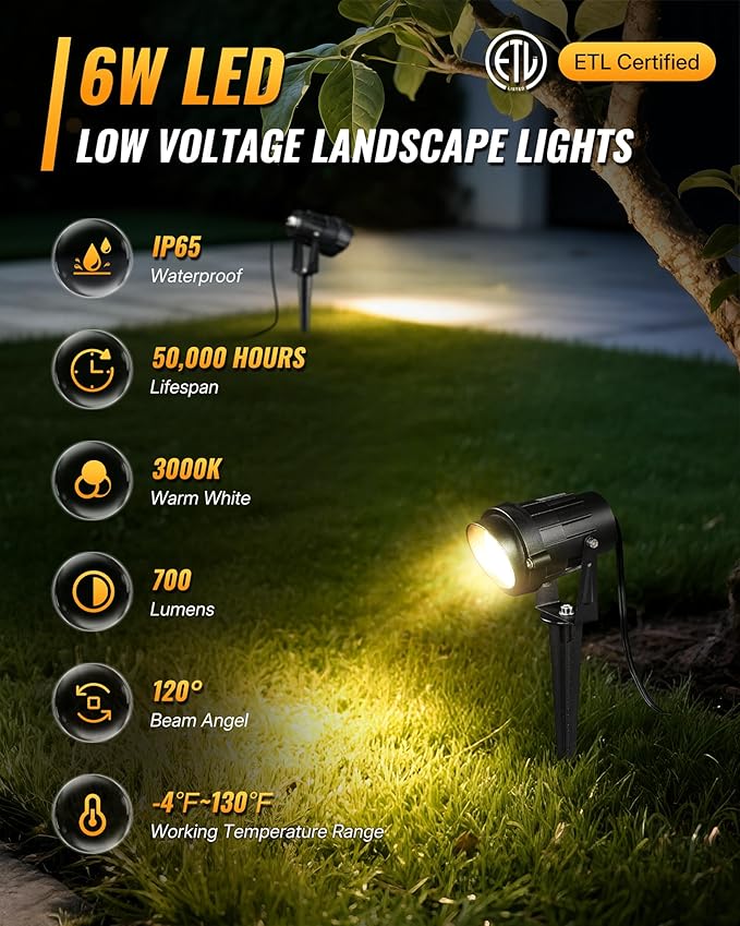 6W 700LM Low Voltage Landscape Lighting, 12V AC/DC 3000K Warm White LED Low Voltage Landscape Lights, IP65 Waterproof Outdoor Spotlights with Connectors for Garden Tree Yard 4 Pack W01SLP406